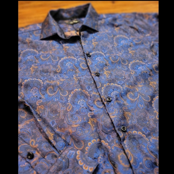 Barry.Wang Men's Luxury Blue Golden Floral Silk Button Down Shirt - Picture 5 of 7
